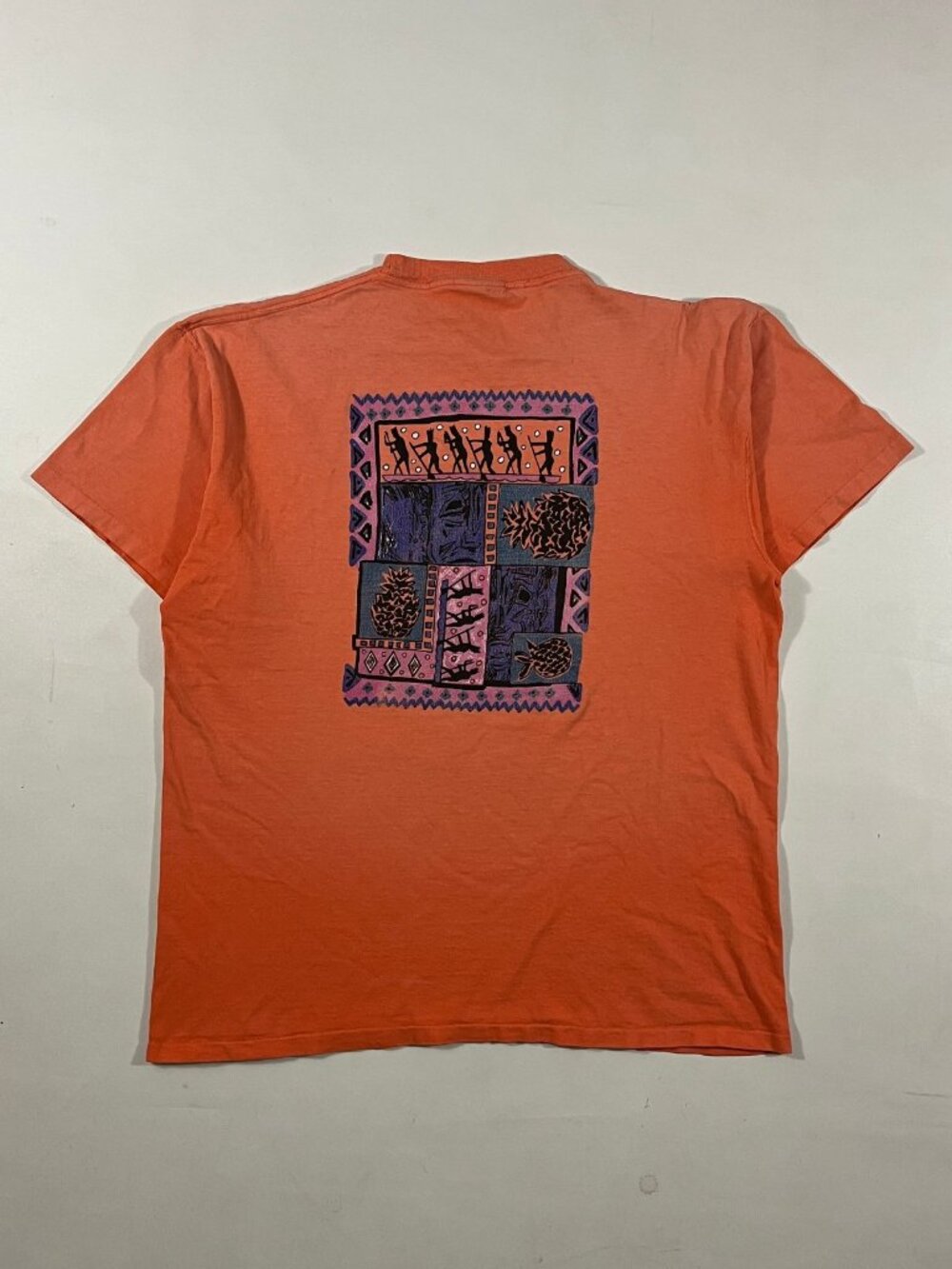 Vintage 90s IZOD Coral Orange Tiki Tribal Pineapple Graphic Single Stitch Tee M